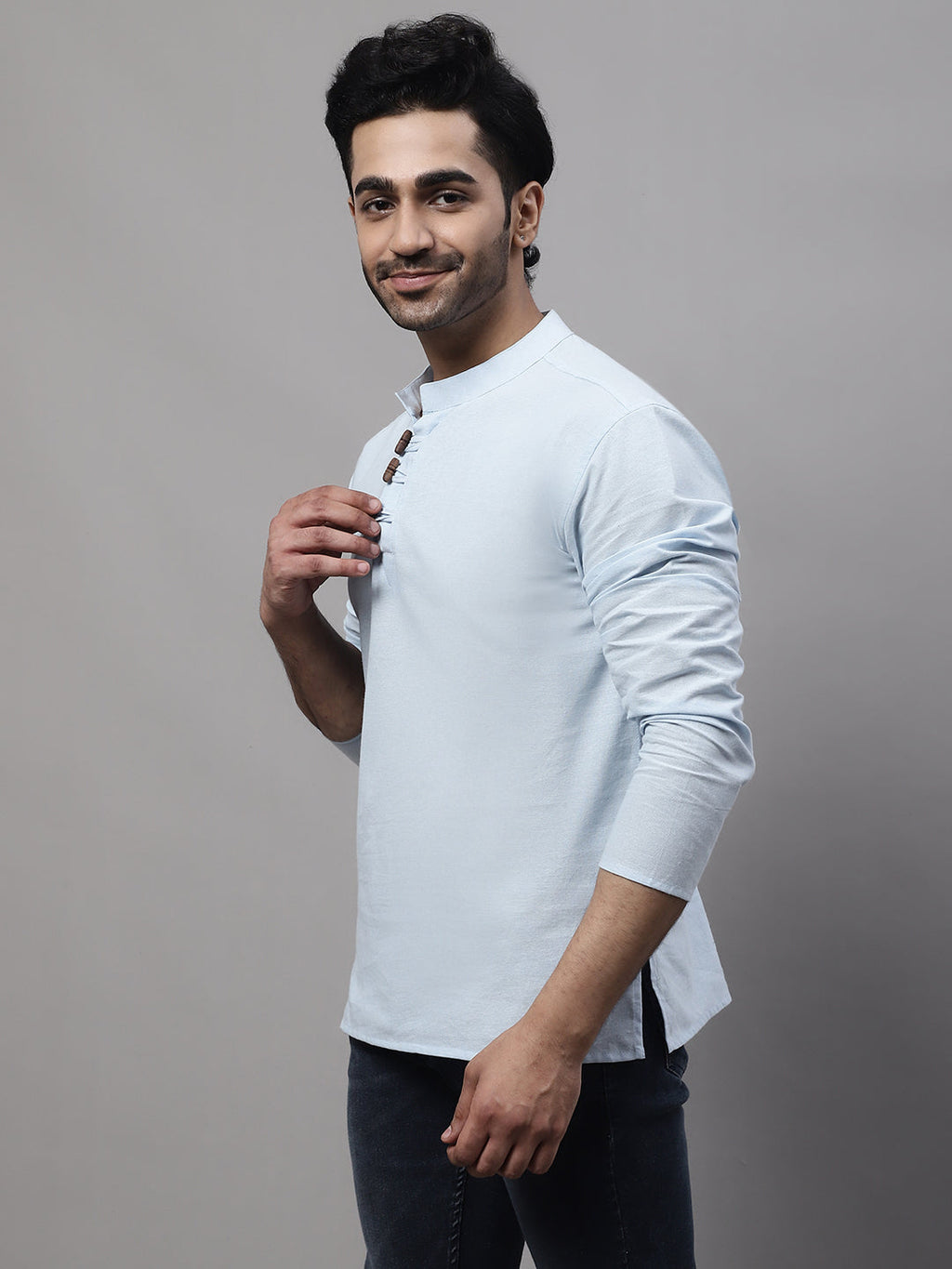 Even Apparels Blue Pure Cotton Kurta With Band Collar | Grocsy