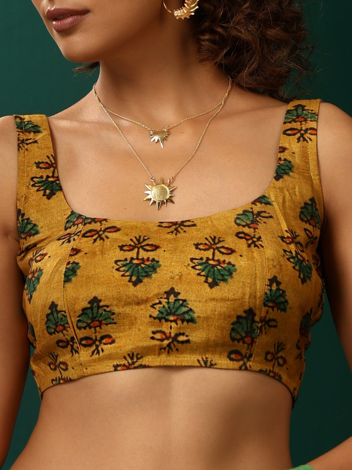 trueBrowns Mustard Muslin Silk Flower Stem Printed Scoop Neck Sleeveless Blouse | Grocsy