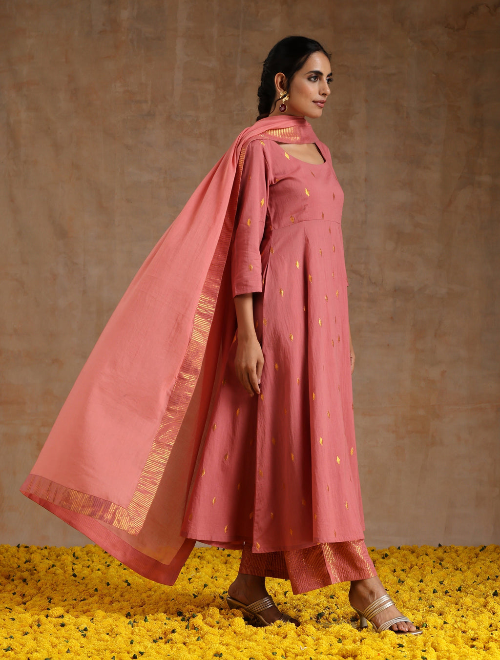trueBrowns Blush Gold Cotton Anarkali Set | Grocsy