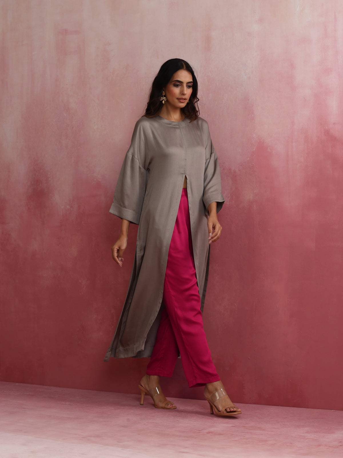 trueBrowns Grey High Slit Modal Kurta Set | Grocsy