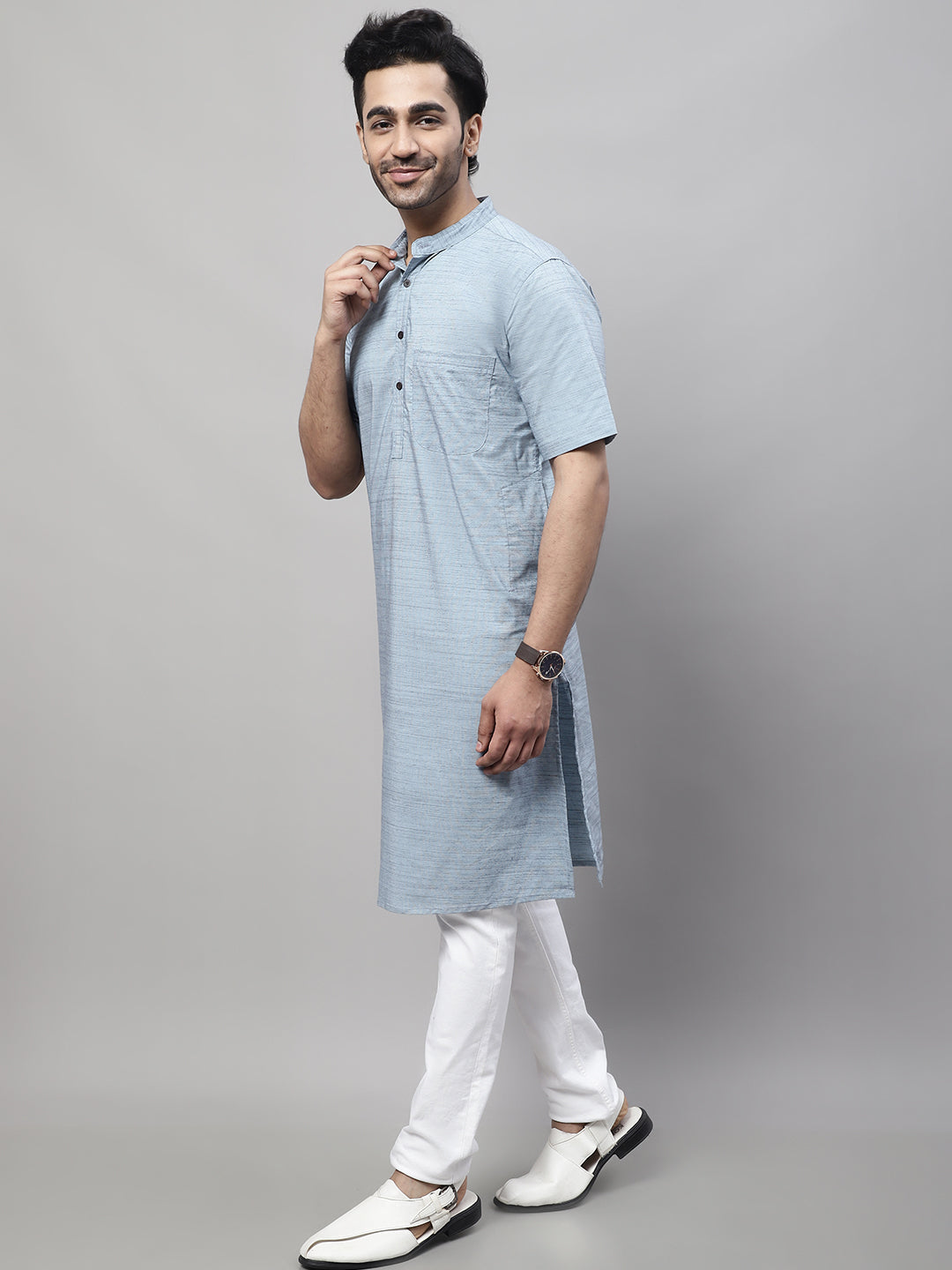 Even Apparels Blue Pure Cotton Kurta With Band Collar | Grocsy