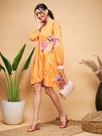InWeave Women's Haldi Yellow Pink Mauve Flower Belted Dress | Grocsy
