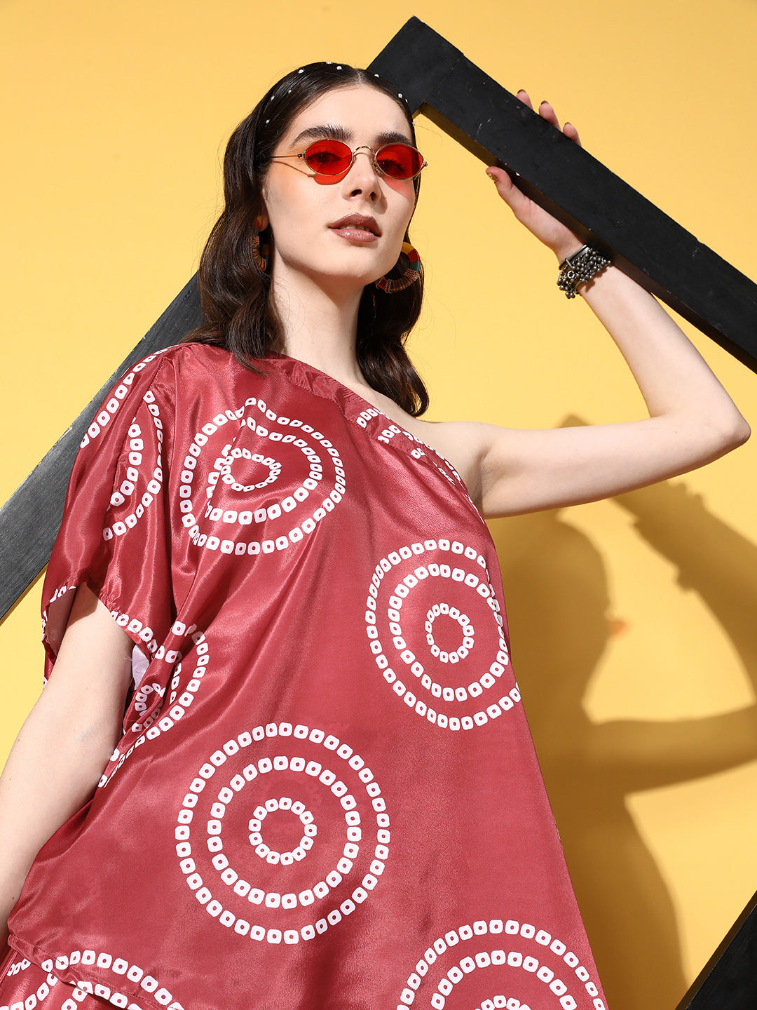 InWeave Women's Maroon Bandhani Motif One Shoulder Palazzo Set | Grocsy