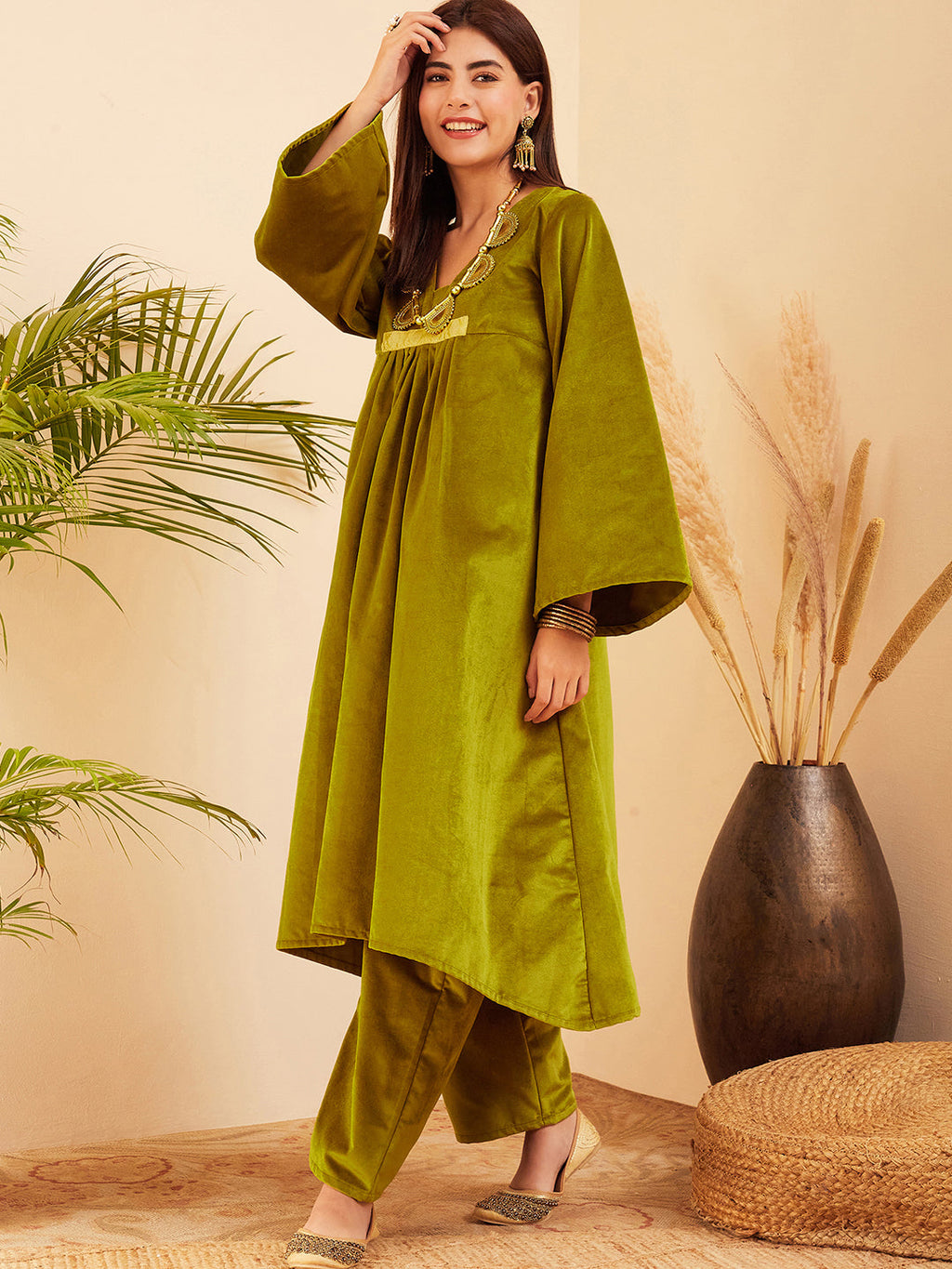 InWeave Women's Olive V Neck Asymmetrical Pleated Velvet Kurta Set | Grocsy