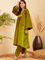 InWeave Women's Olive V Neck Asymmetrical Pleated Velvet Kurta Set | Grocsy