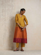 trueBrowns Gold Orange Silk A-line Kurta Set | Grocsy