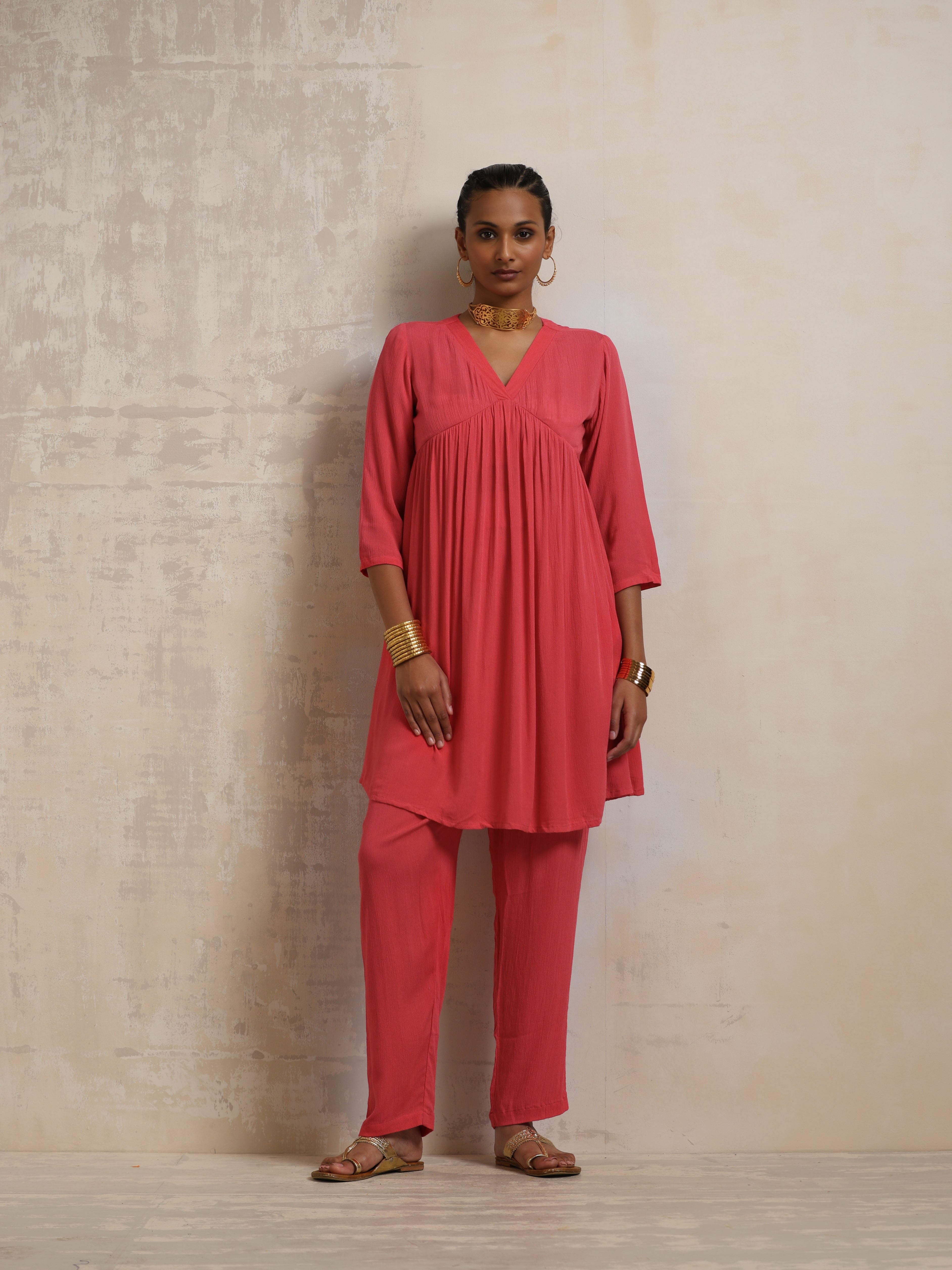 trueBrowns Peach Crinkle Flared Kurta Co-ord Set | Grocsy