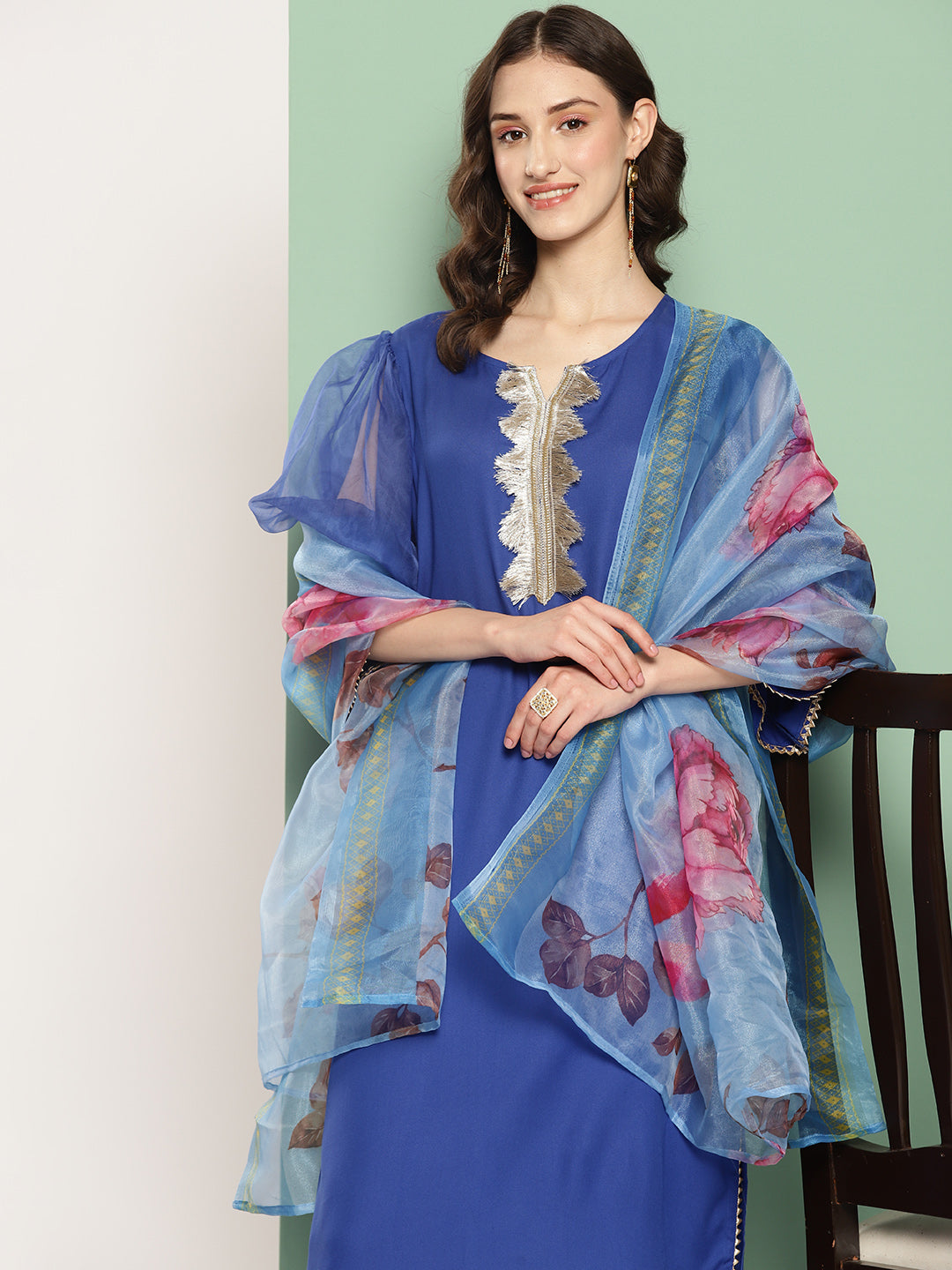 InWeave Women's Ink Blue Organza Sleeve Kurta Set W Blue Fuchsia Or Dupatta | Grocsy