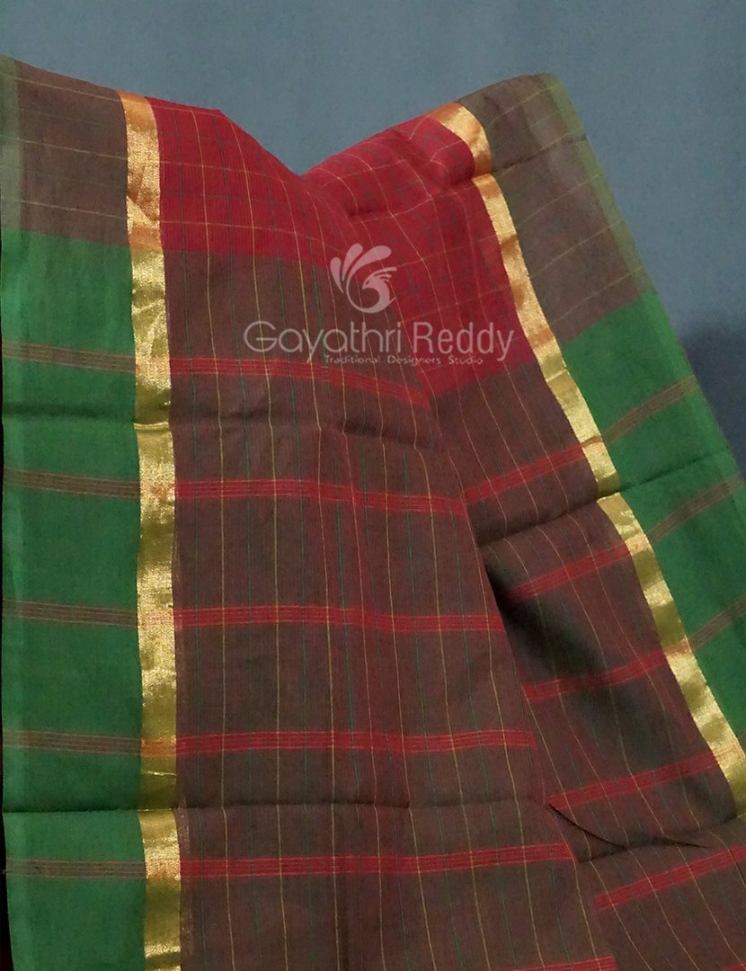 Maroon With Checks Pure Mangalgiri Cotton Saree By Gayathri Reddy Designer Studio | Grocsy