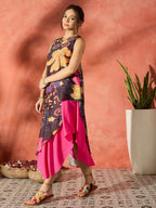 InWeave Black Floral Fuchsia Asymmetrical Dress | Grocsy
