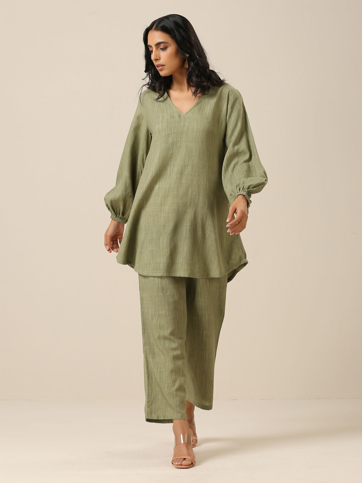 trueBrowns Sage Slub Textured Short Co-Ord Set | Grocsy