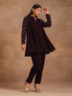 trueBrowns Wine Velvet Sleeve Embroidered Co-ord Set | Grocsy