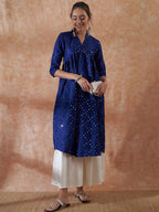 InWeave Women's Blue Mirror Work Flared Kurta | Grocsy