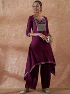 InWeave Women's Burgundy Emb Assymetrical Kurta Pant Set | Grocsy