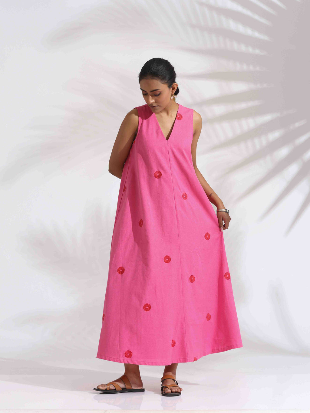 trueBrowns Pink Cotton Embroidered Flared Dress | Grocsy