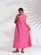 trueBrowns Pink Cotton Embroidered Flared Dress | Grocsy