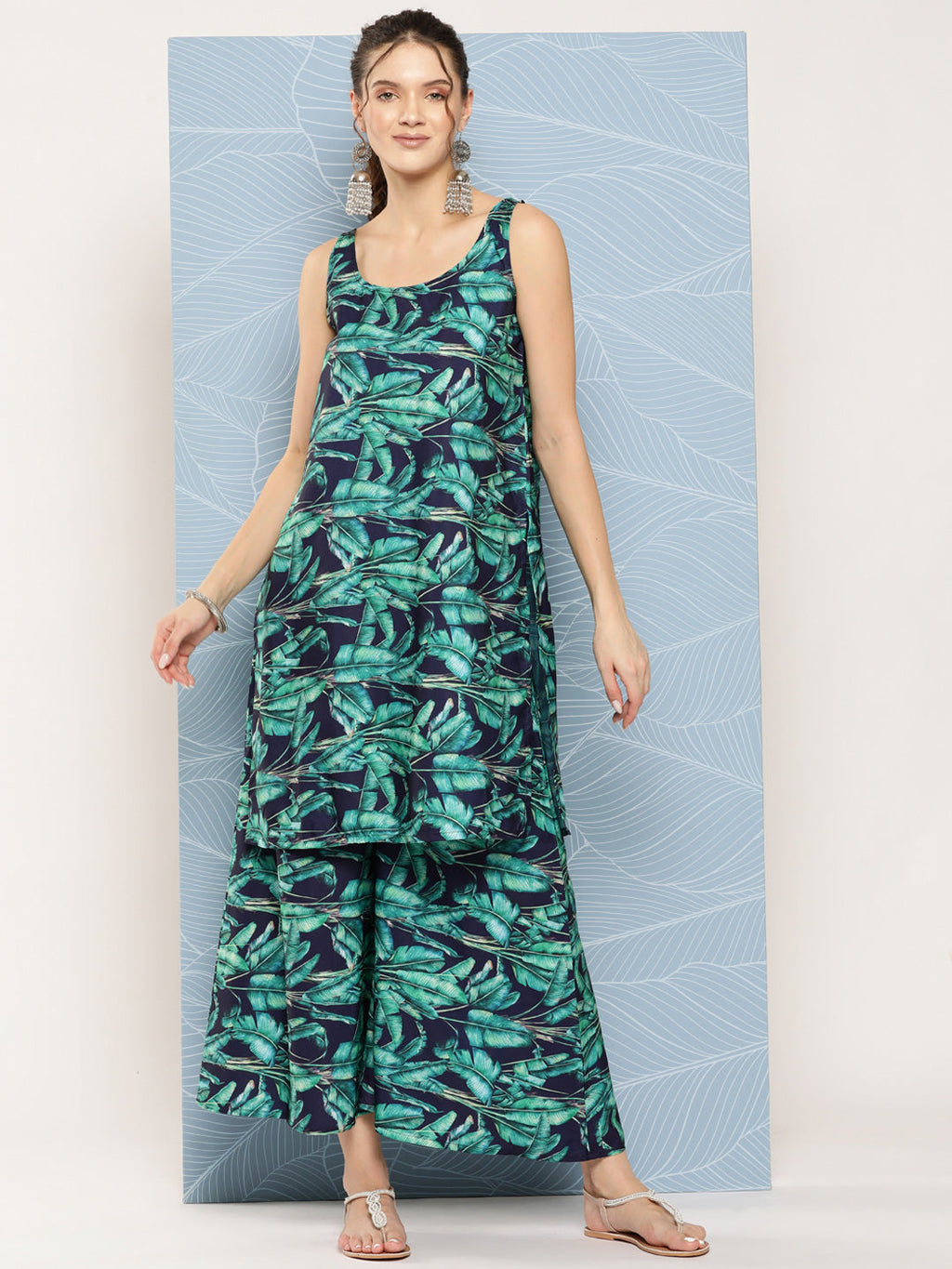 InWeave Women's Navy Green Big Leaf Print Crepe Kurta Set | Grocsy