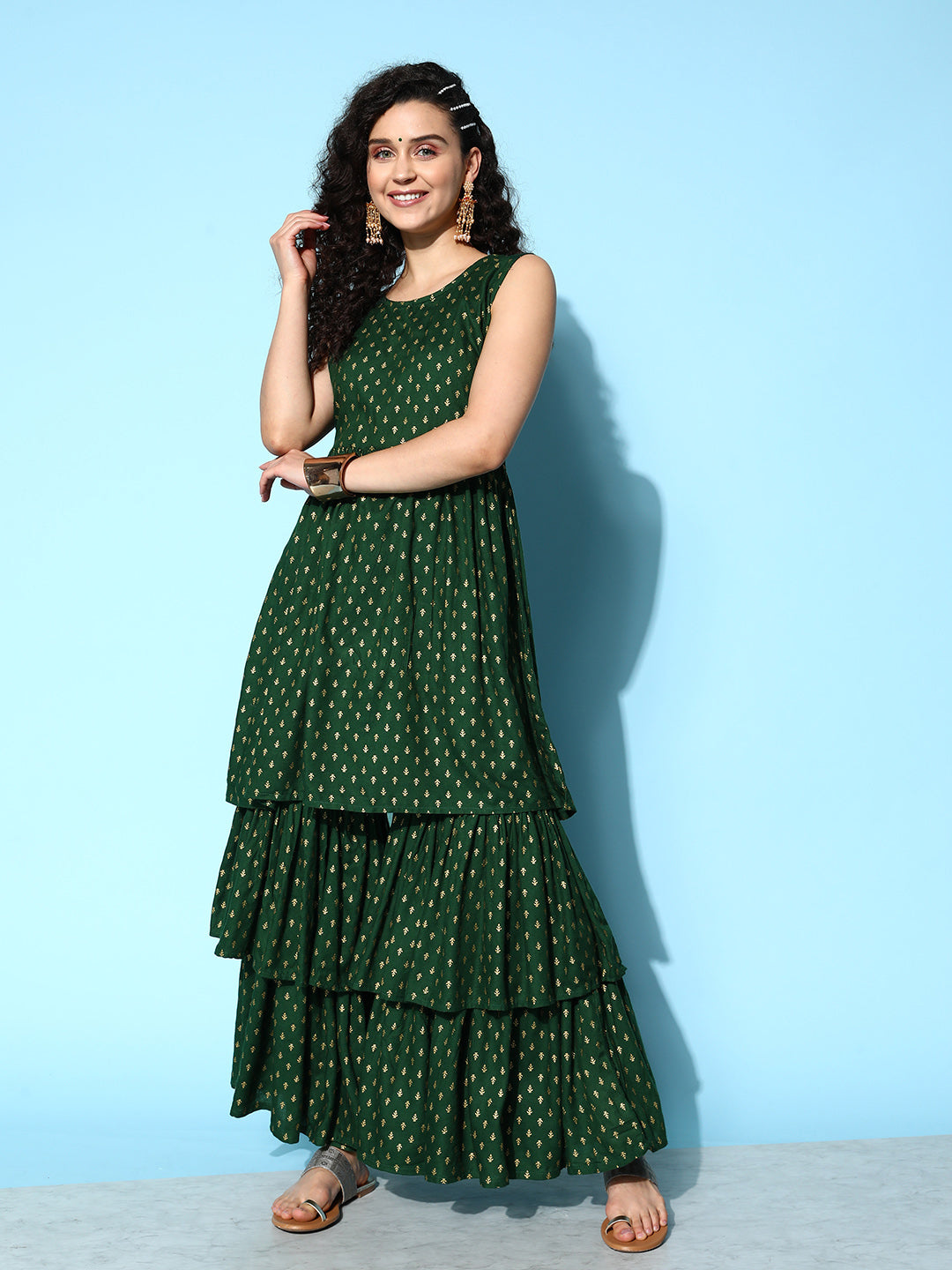 InWeave Women's Forest Green Gold Print Tiered Sharara Set | Grocsy