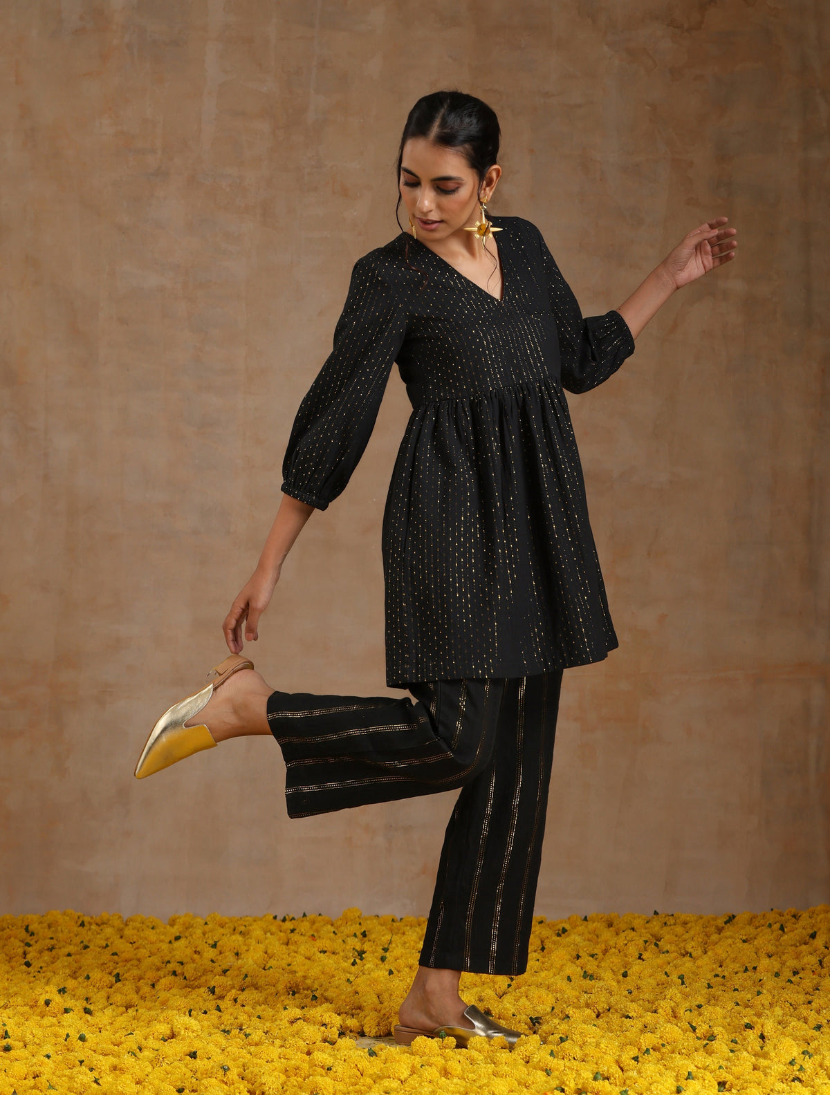 trueBrowns Black Gold Cotton Overlap Co-Ord Set | Grocsy