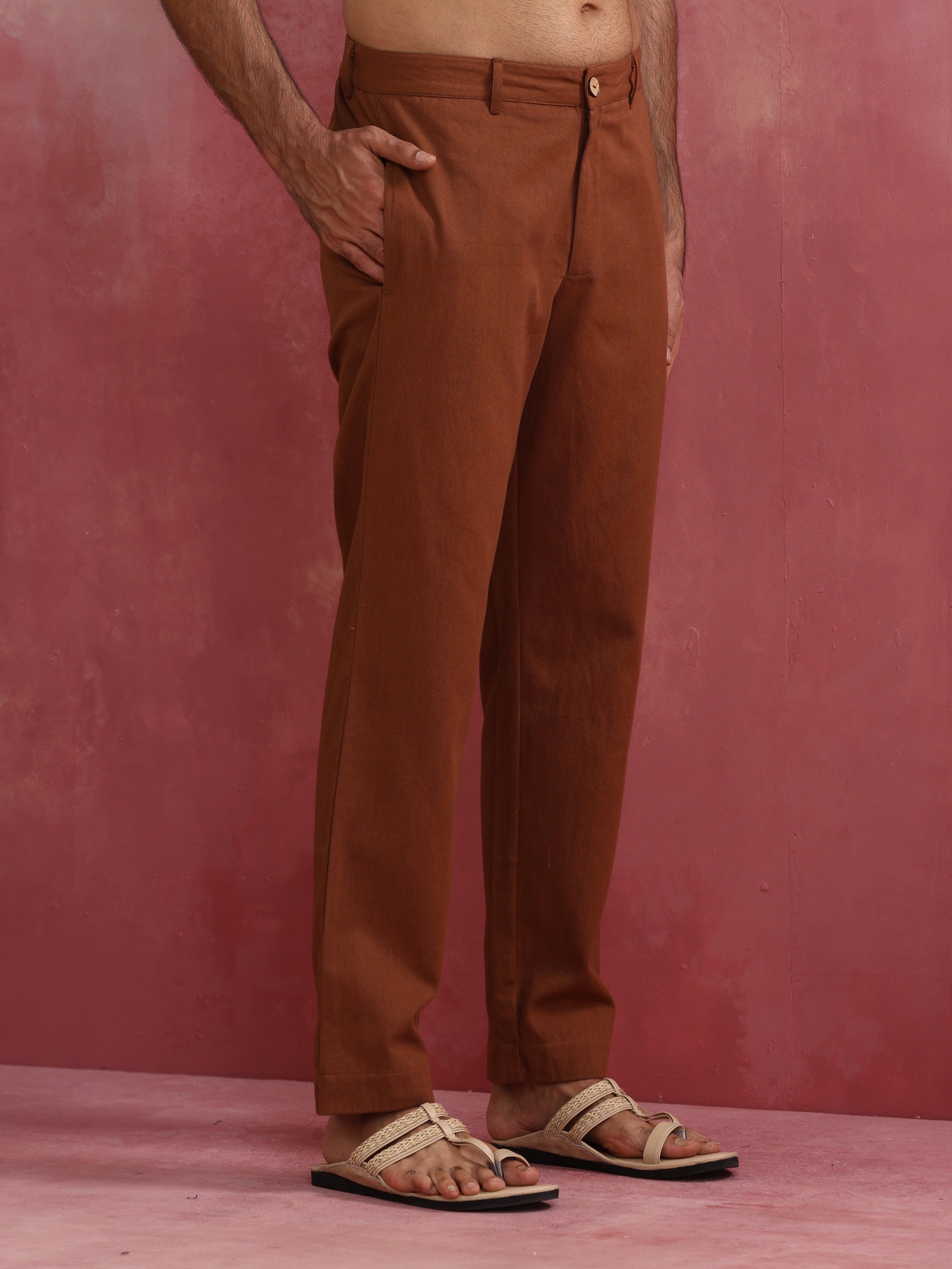 trueBrowns Men's Brown Cotton Twill Pants | Grocsy