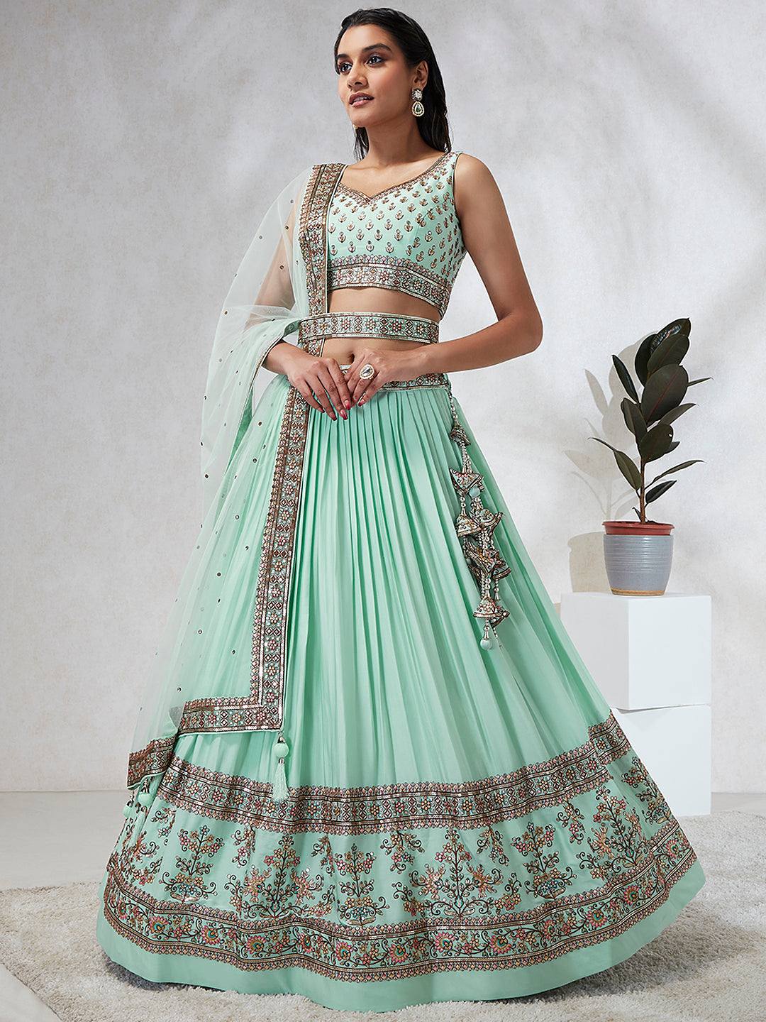 House of Panchhi Burgundy Pure Georgette Sequins And Thread Embroidery Lehenga Choli & Dupatta | Grocsy