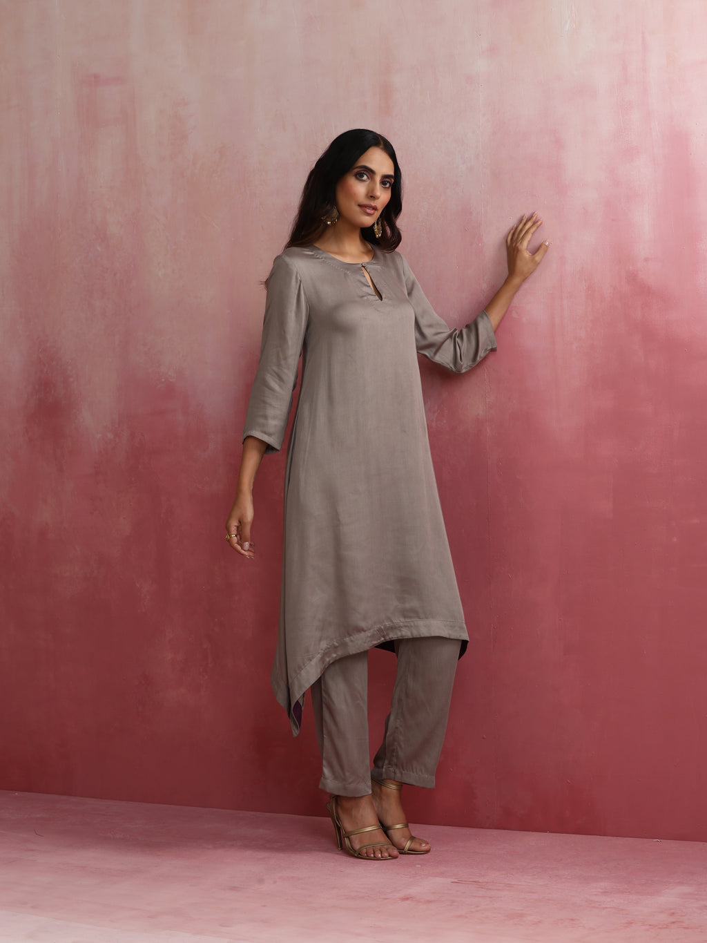 trueBrowns Grey High low Kurta Set | Grocsy