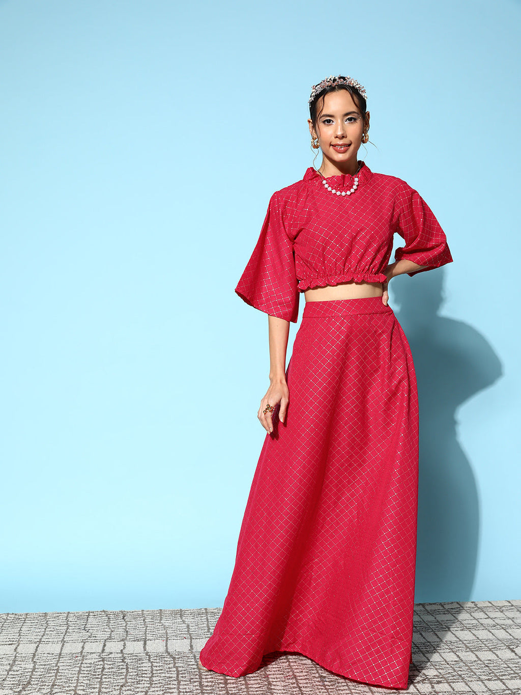 InWeave Women's Candy Red Gold Crop Top With Side Slit Skirt | Grocsy