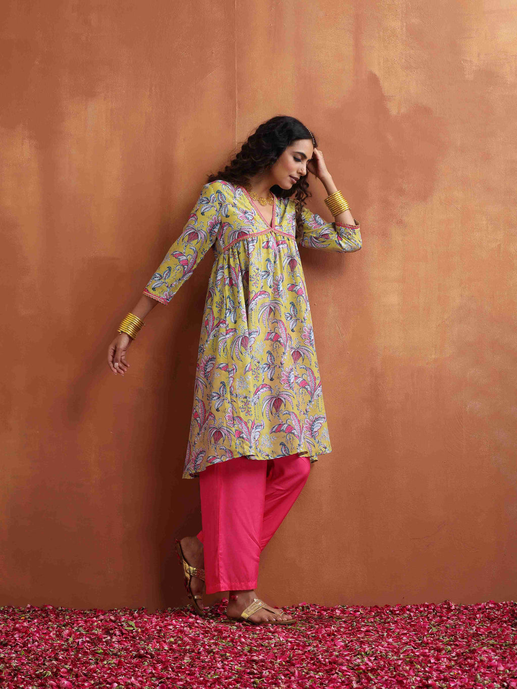 trueBrowns Yellow Print Anarkali Kurta Co-ord Set | Grocsy