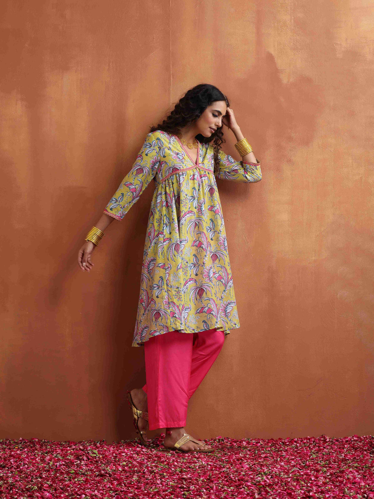 trueBrowns Yellow Print Anarkali Kurta Co-ord Set | Grocsy