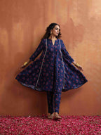 trueBrowns Blue Floral Print Flared Anarkali Kurta Co-ord Set | Grocsy