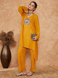 InWeave Women's Mustard Trangle Yellow Patch Work Assymentrical Kurta Set | Grocsy