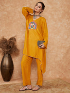 InWeave Women's Mustard Trangle Yellow Patch Work Assymentrical Kurta Set | Grocsy