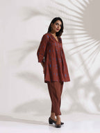trueBrowns Brown Cotton Print Pleated Top & Pants Co-ord Set | Grocsy