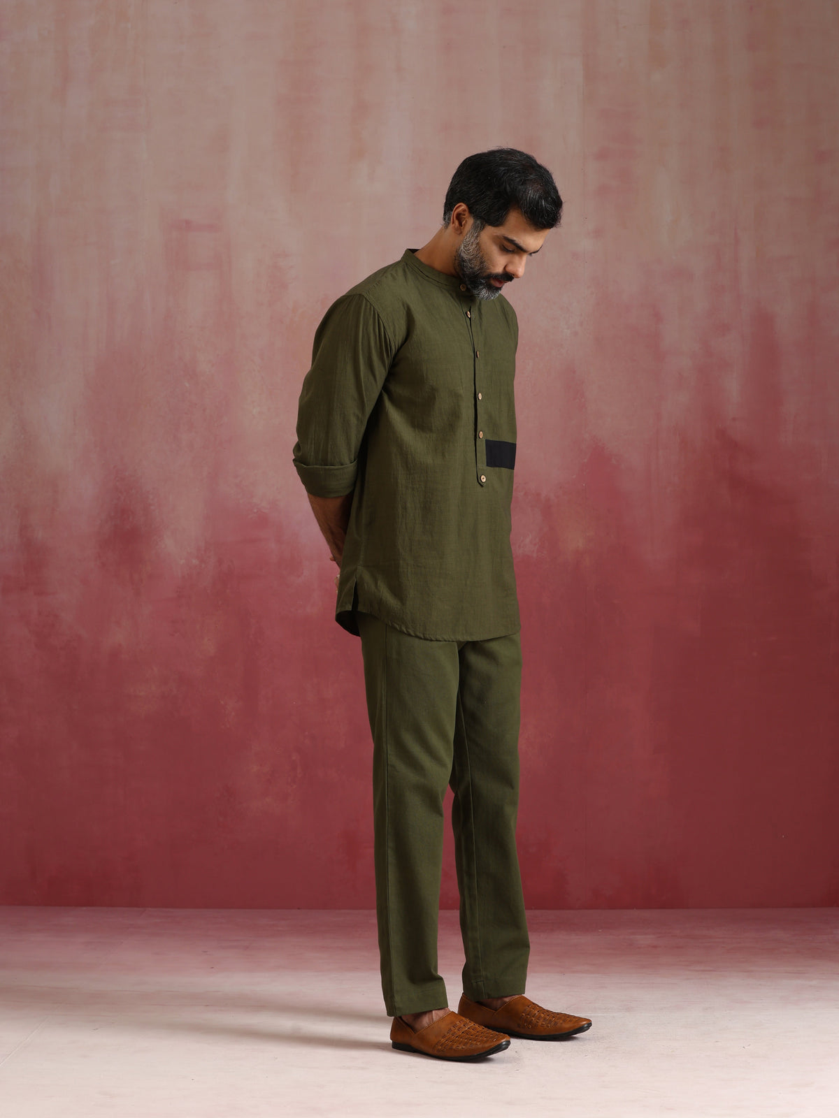 trueBrowns Men's Olive green Cotton Mandarin Collar Kurta Co-ord set | Grocsy
