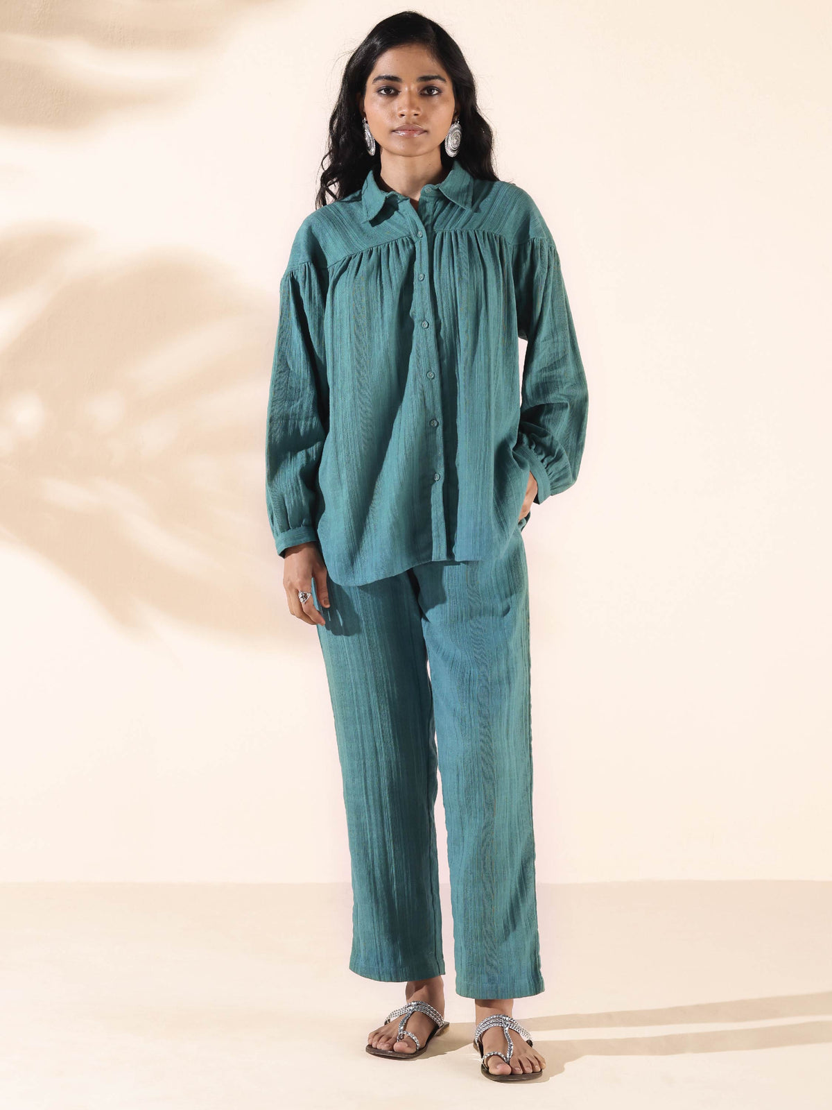 trueBrowns Turquoise Cotton Dobby Shirt Co-ord Set | Grocsy