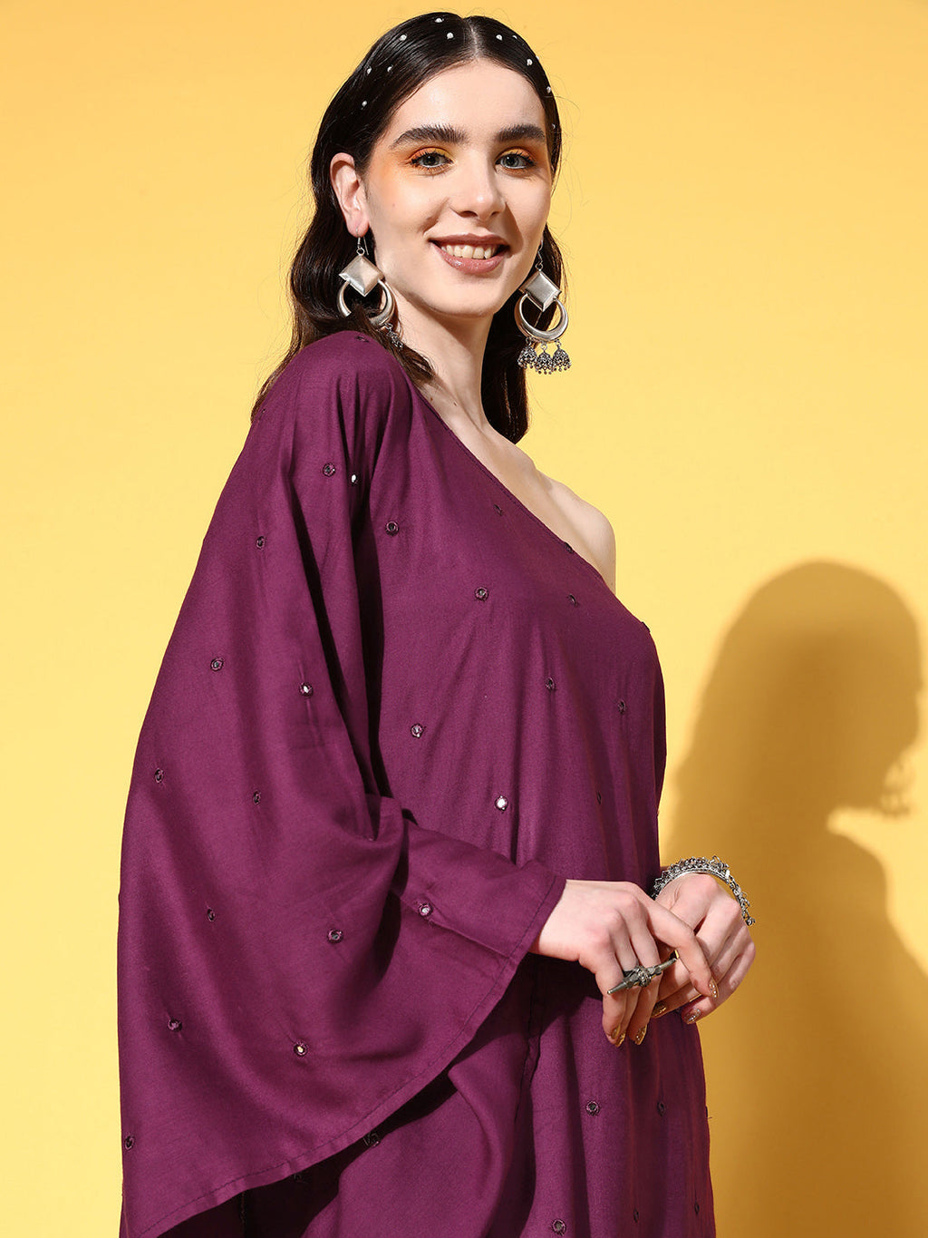 InWeave Women's Wine Mirror Work One Shoulder Kurta Set | Grocsy
