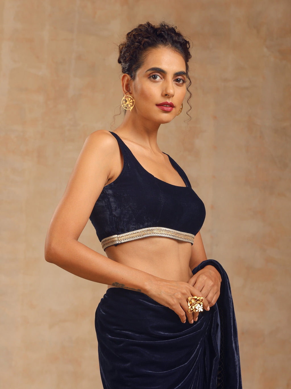 trueBrowns Midnight Blue Velvet Sleeveless Blouse | Grocsy