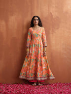 trueBrowns Orange Print Flared Anarkali Kurta Set | Grocsy