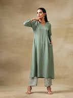 trueBrowns Light Green Bandhani Printed Silk High Slit Kurta Pant Set | Grocsy
