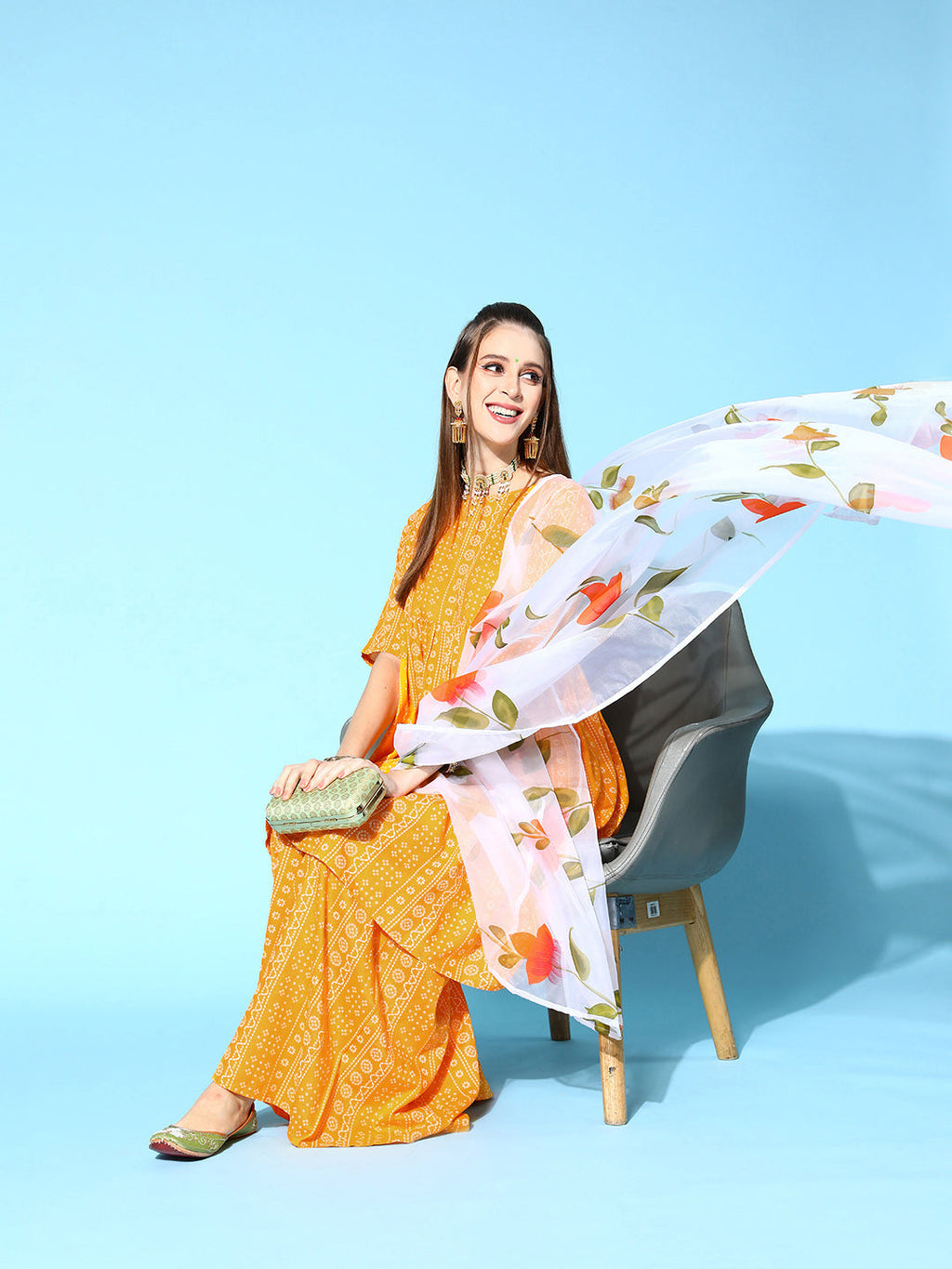 InWeave Women's Yellow Bandhani Sharara Set With Dupatta | Grocsy