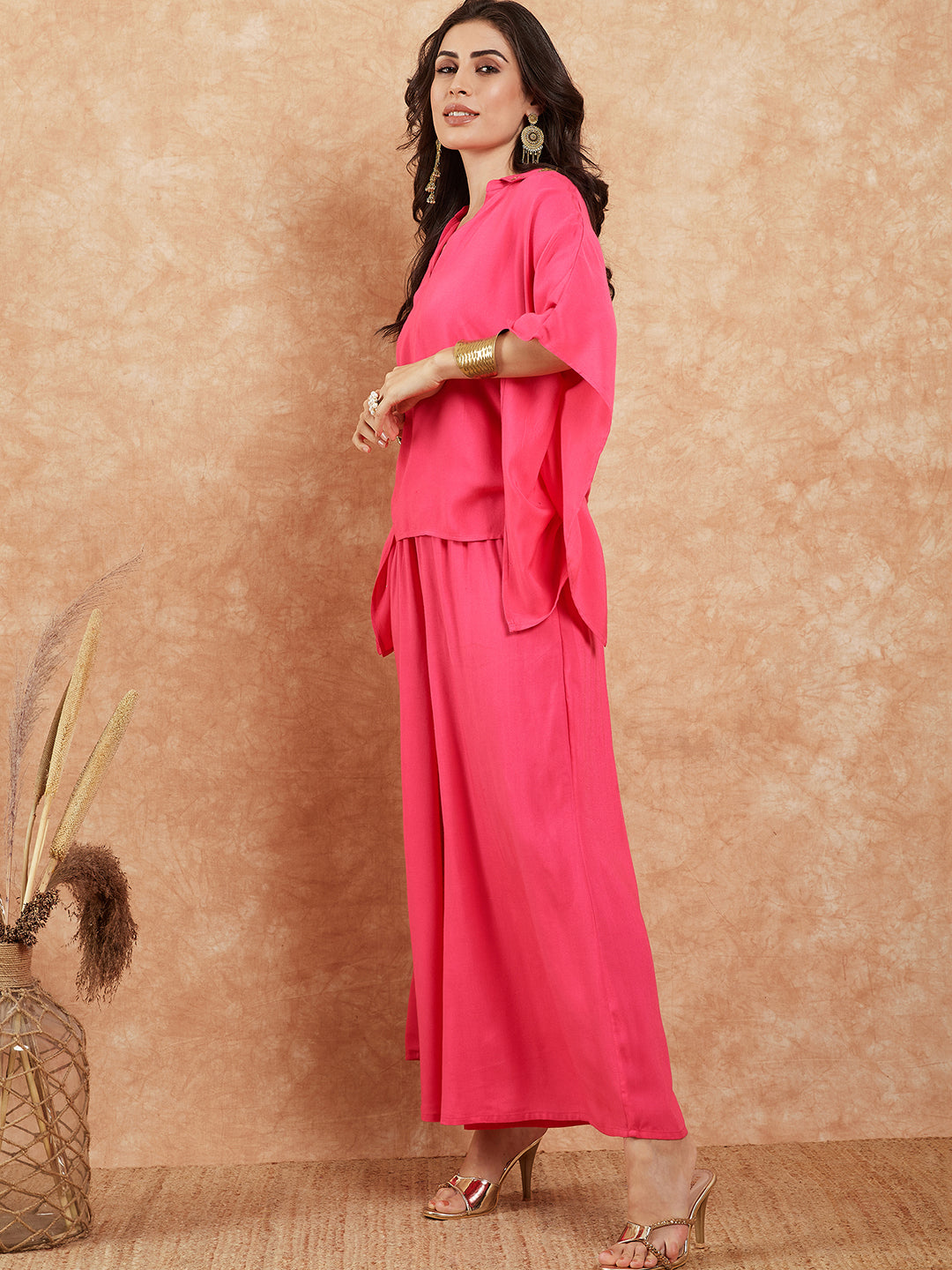 InWeave Women's Fuchsia Solid Collar Neck Boho Top Bottom Set | Grocsy