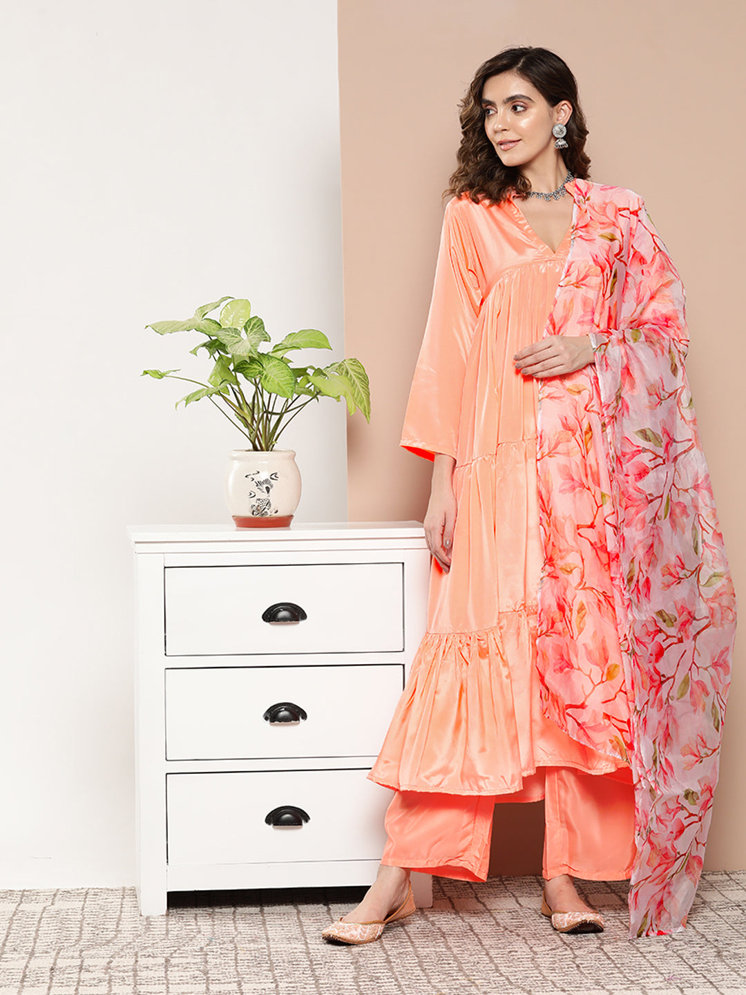 InWeave Women's Peach Tiered Anarkali Kurta Set | Grocsy