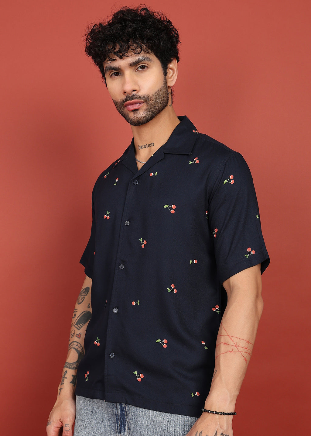 Fabmade Midnight Cherry Printed Cuban Collar Shirt | Grocsy