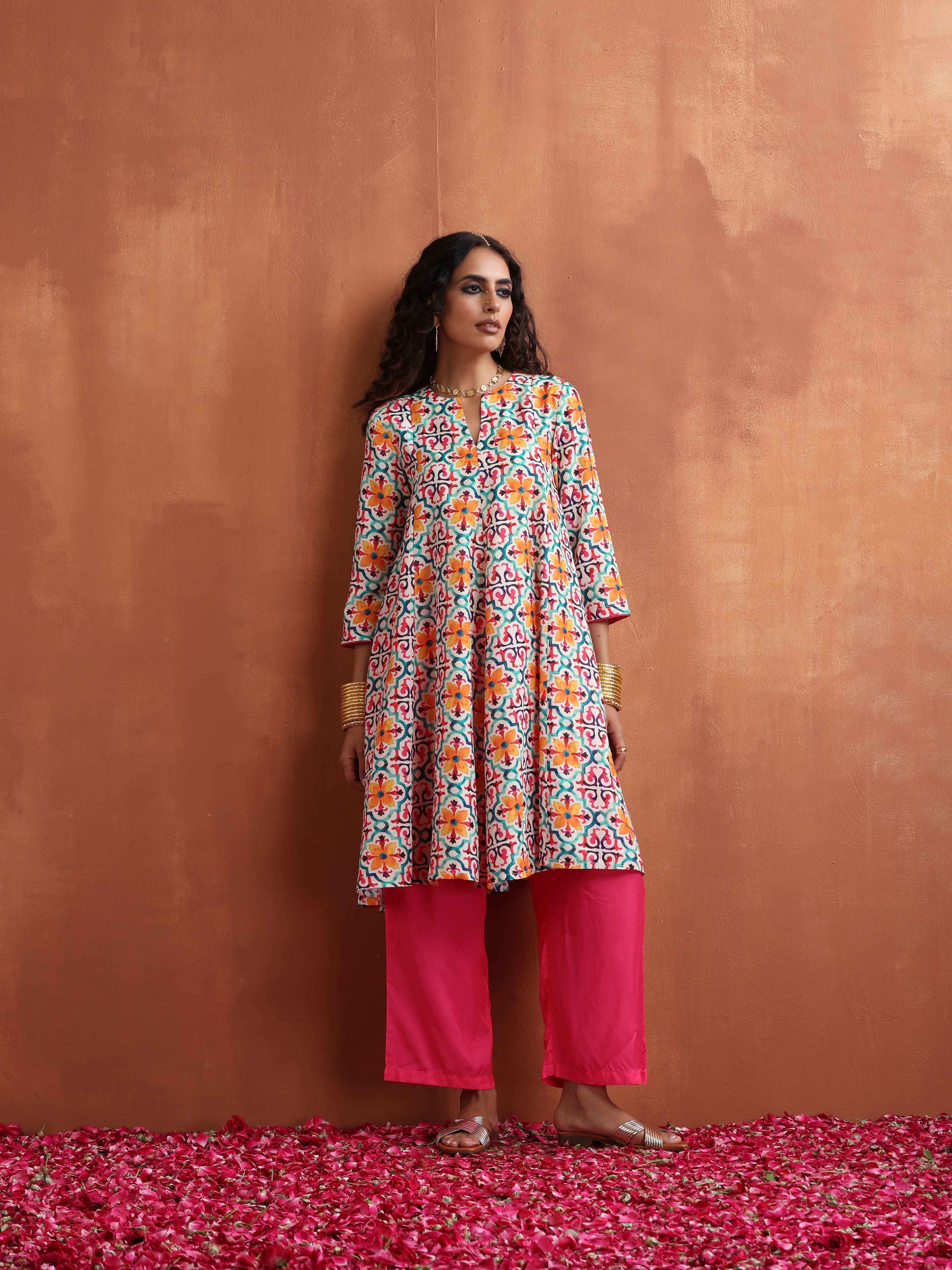 trueBrowns Off White Print Flared Anarkali Kurta Co-ord Set | Grocsy