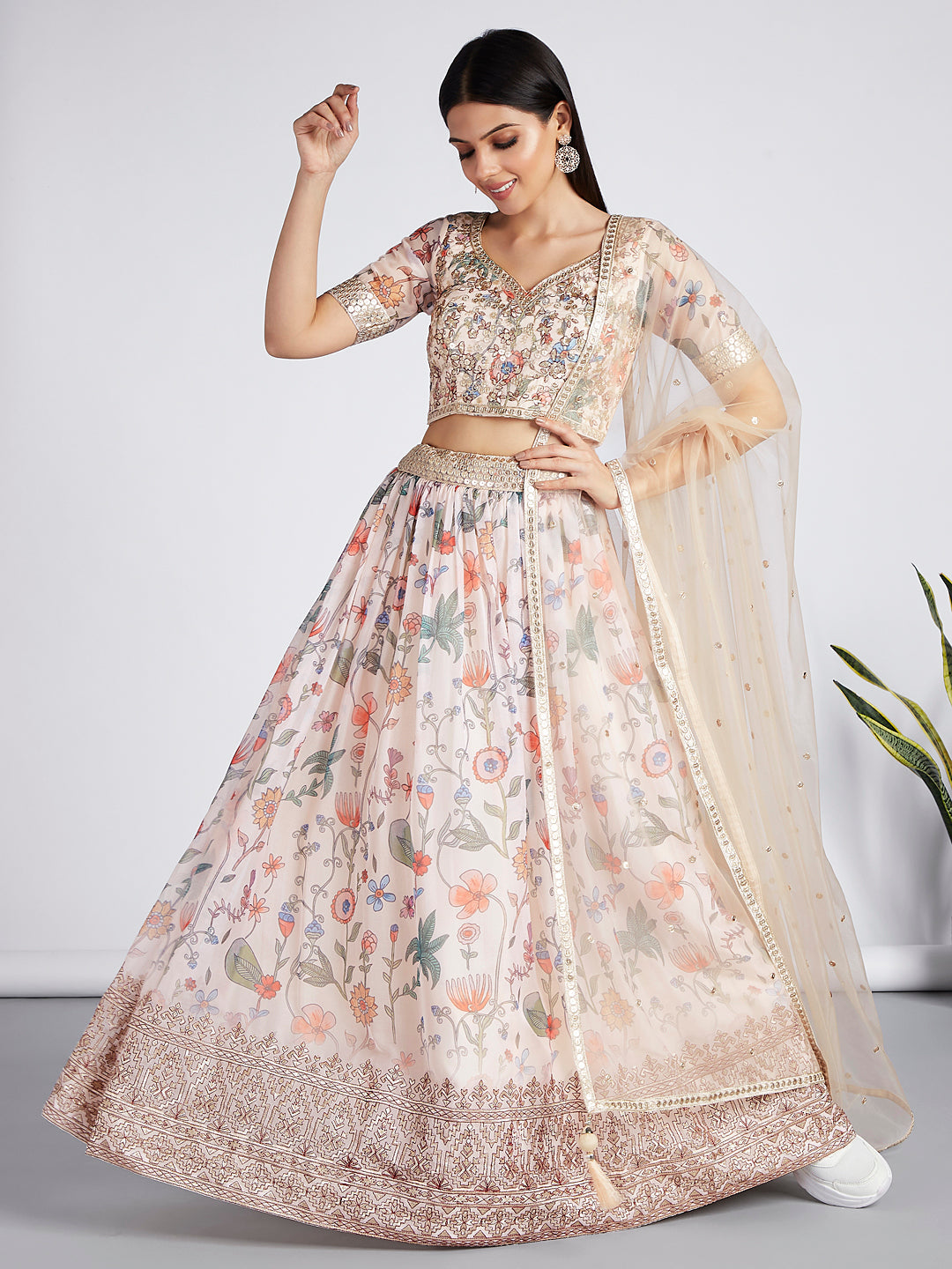 House of Panchhi Cream Colour Organza Floral Design Digital Print Lehenga Choli & Dupatta | Grocsy
