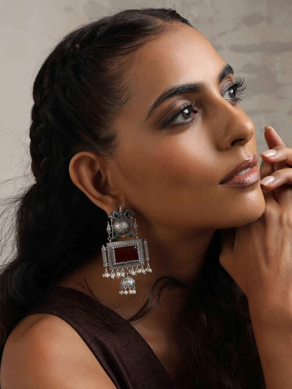 trueBrowns Silver Tone Red Stone Dangle Earrings | Grocsy
