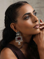 trueBrowns Silver Tone Red Stone Dangle Earrings | Grocsy