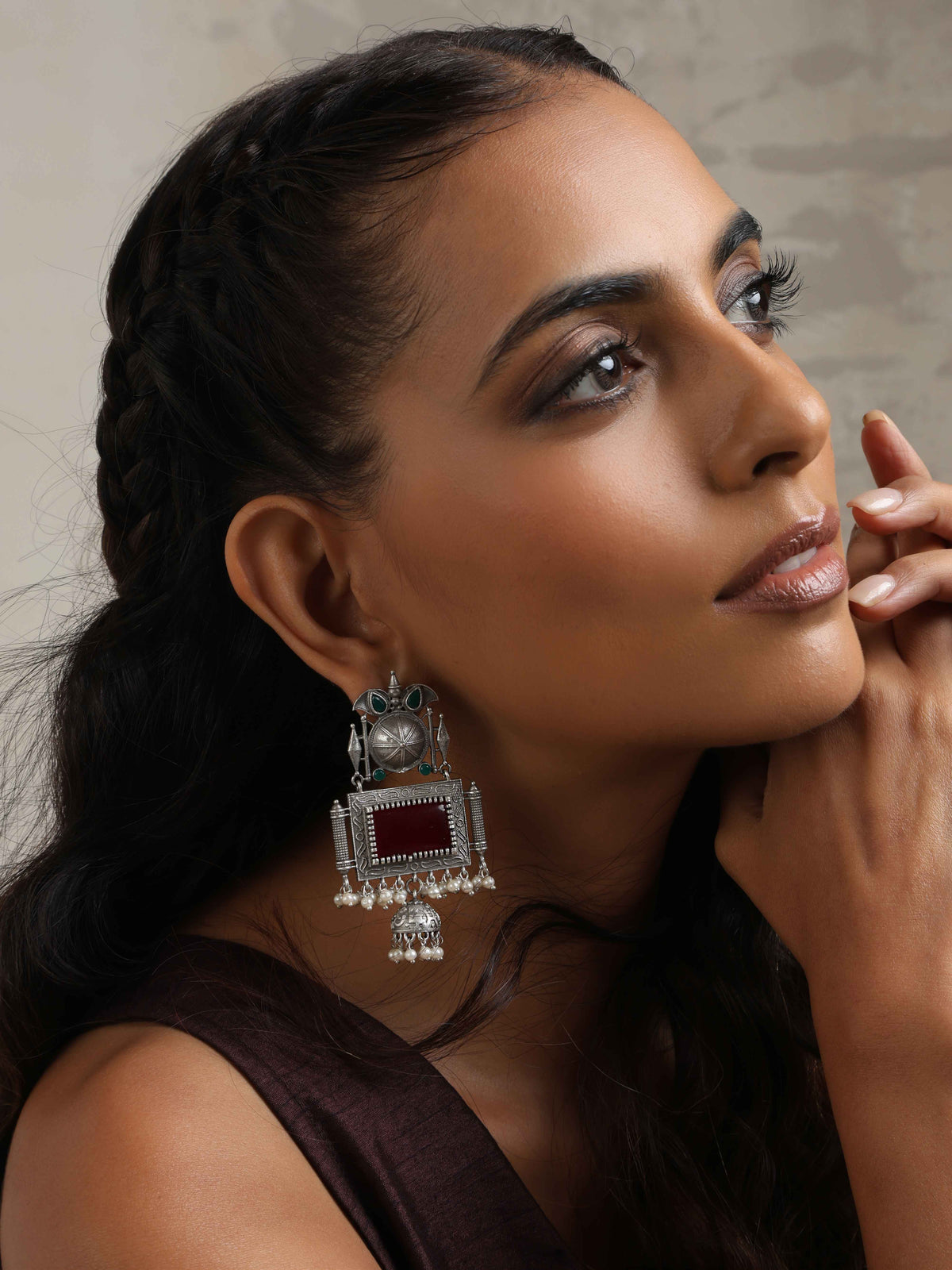 trueBrowns Silver Tone Red Stone Dangle Earrings | Grocsy