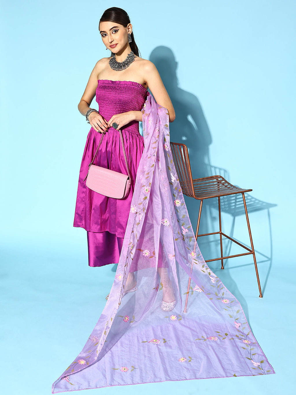 InWeave Purple Off Shoulder Silk Kurta Set -Mauve Hand Painted Dupatta | Grocsy