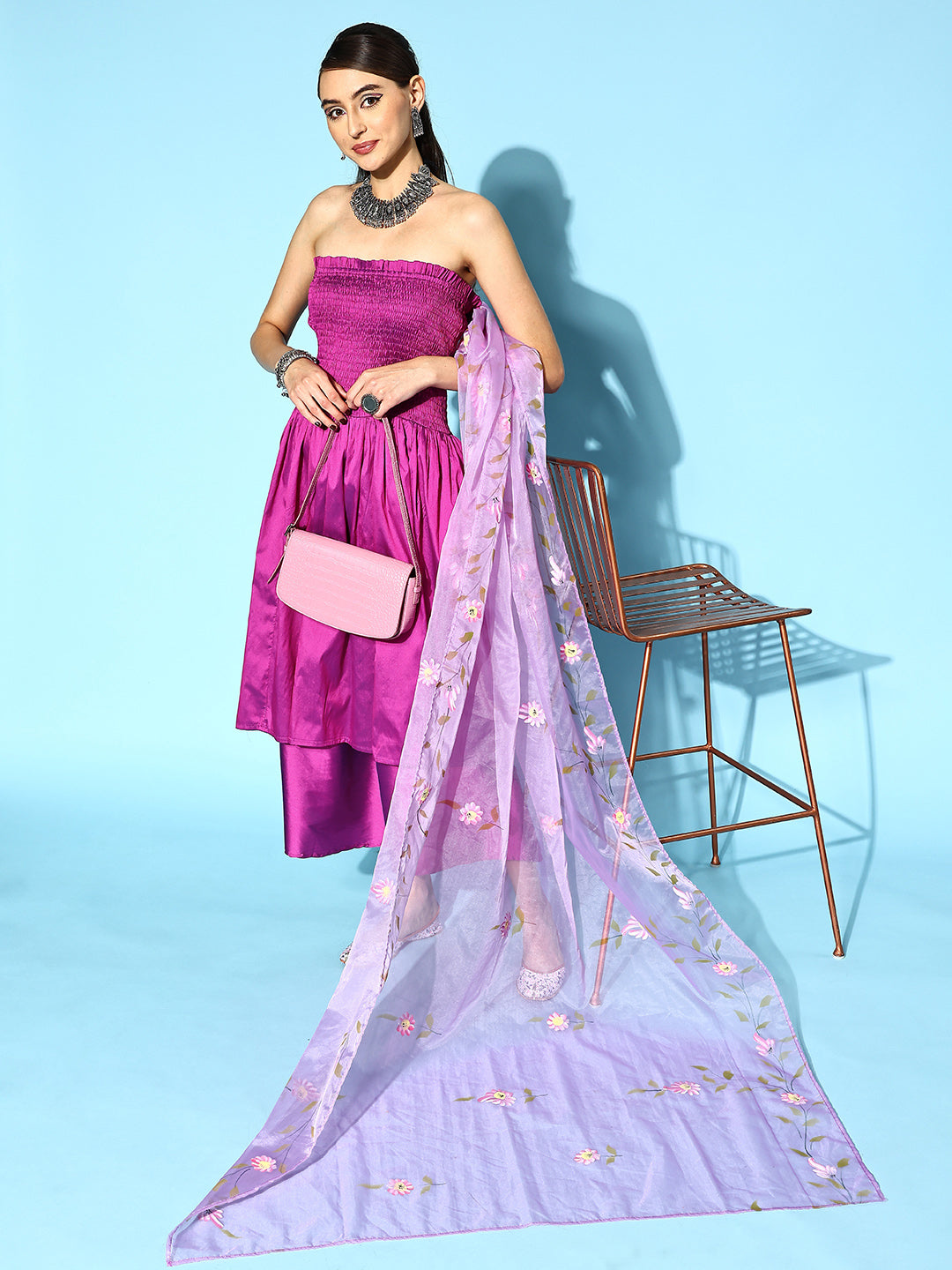 InWeave Purple Off Shoulder Silk Kurta Set -Mauve Hand Painted Dupatta | Grocsy